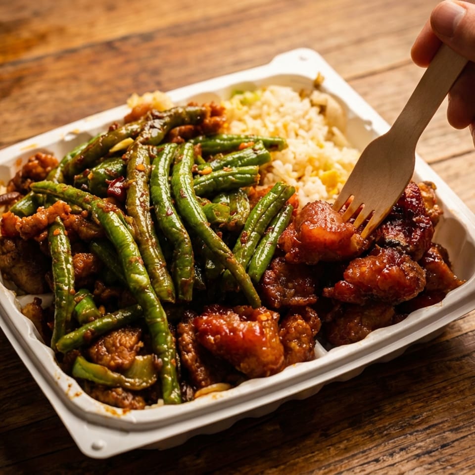 Takeout tray of saucy chicken, green beans, and rice on a wooden table, with a hand using a wooden fork.