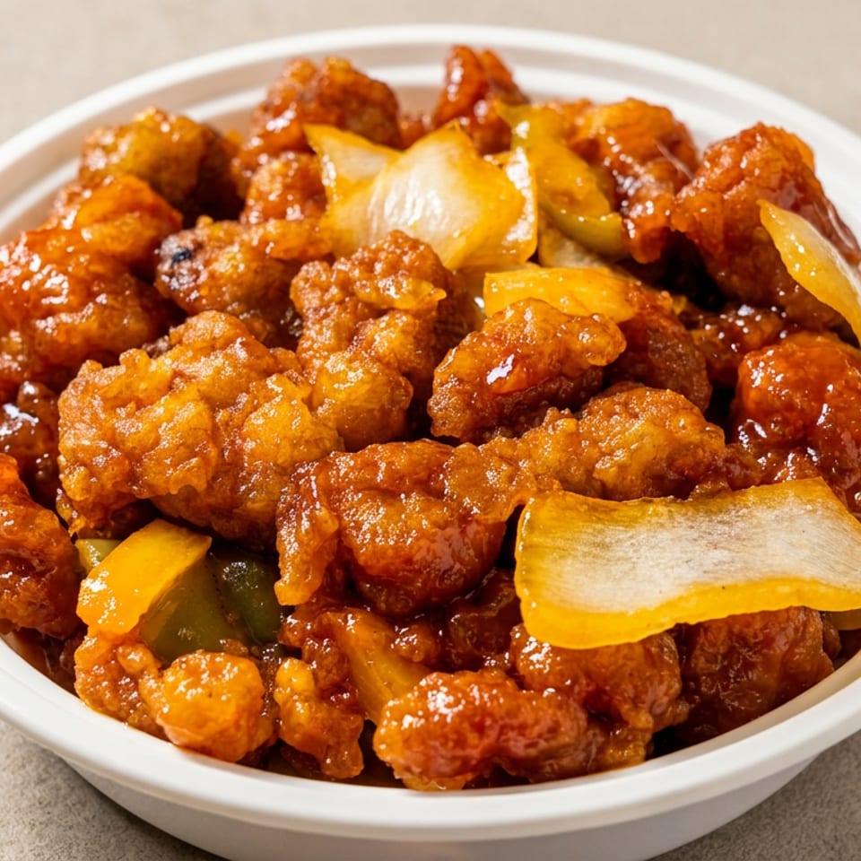 Bowl of glossy orange-glazed fried chicken pieces with sliced onions and peppers.